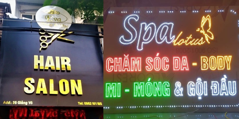 Spa và salon tóc nên chọn bảng hiệu chữ nổi inox vàng bóng hay bảng hiệu đèn led hiện đại?